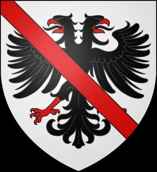 Armes attribuées à la famille du Guesclin : d’argent à l’aigle éployée de sable, à la cotice de gueules brochant.