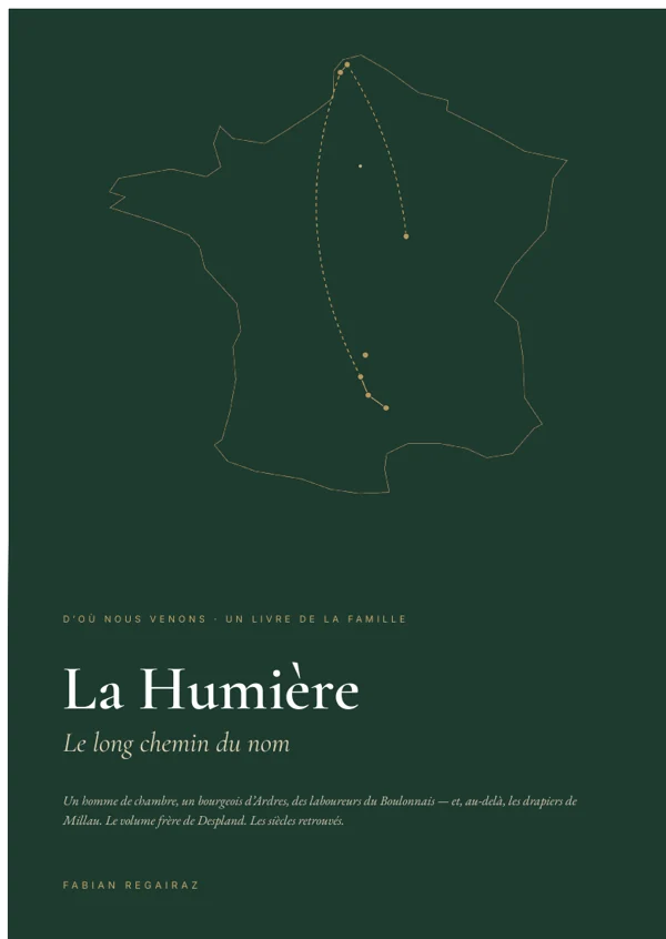 Couverture verte et or du livre La Humière — Le long chemin du nom