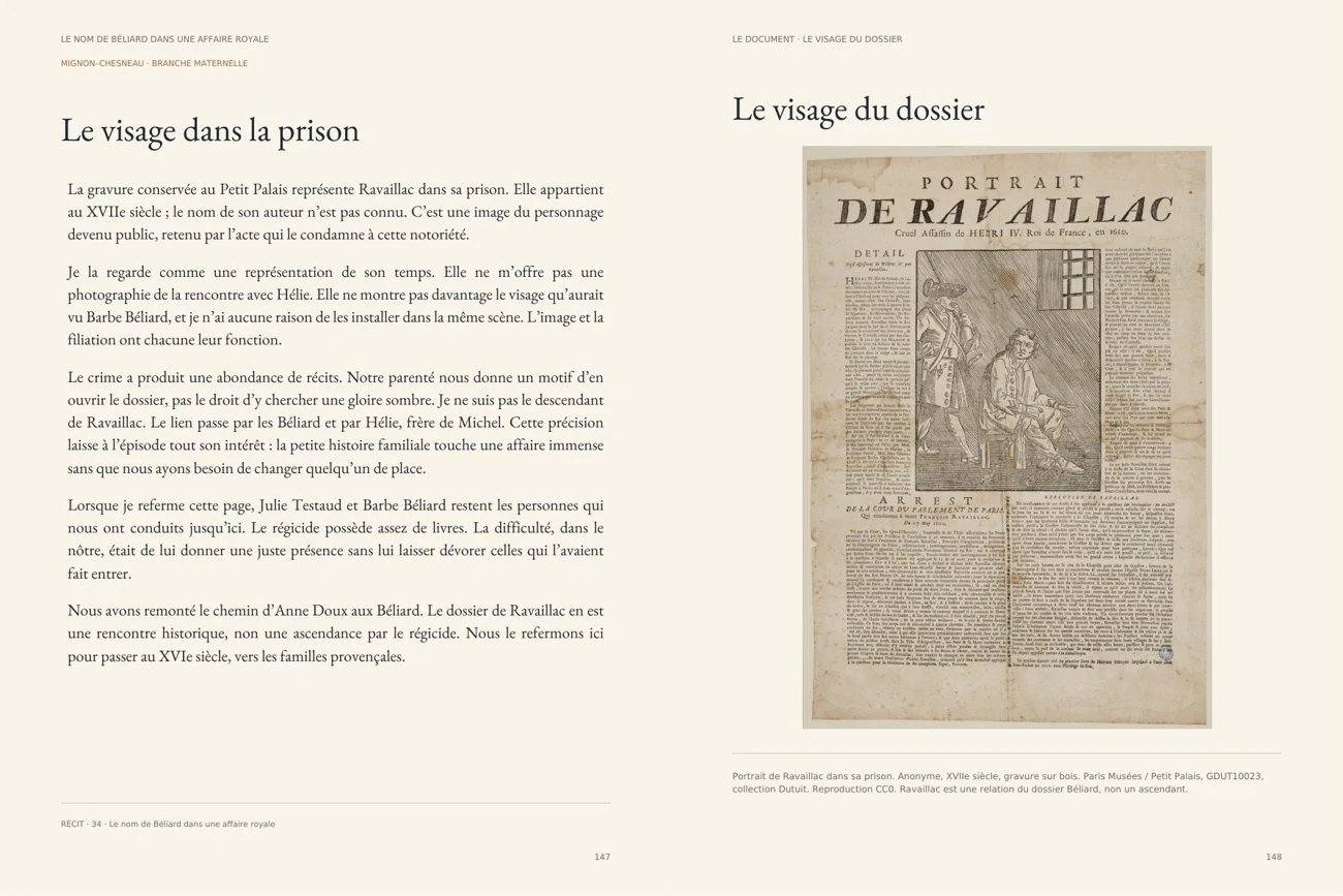Récit des Béliard et gravure ancienne de Ravaillac dans sa prison