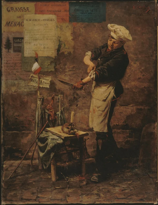 Narcisse Chaillou, Le Vendeur de rats, pendant le siège de Paris, en 1870, tableau daté de 1871. Carnavalet, P1323. L’image ne représente pas Louise.