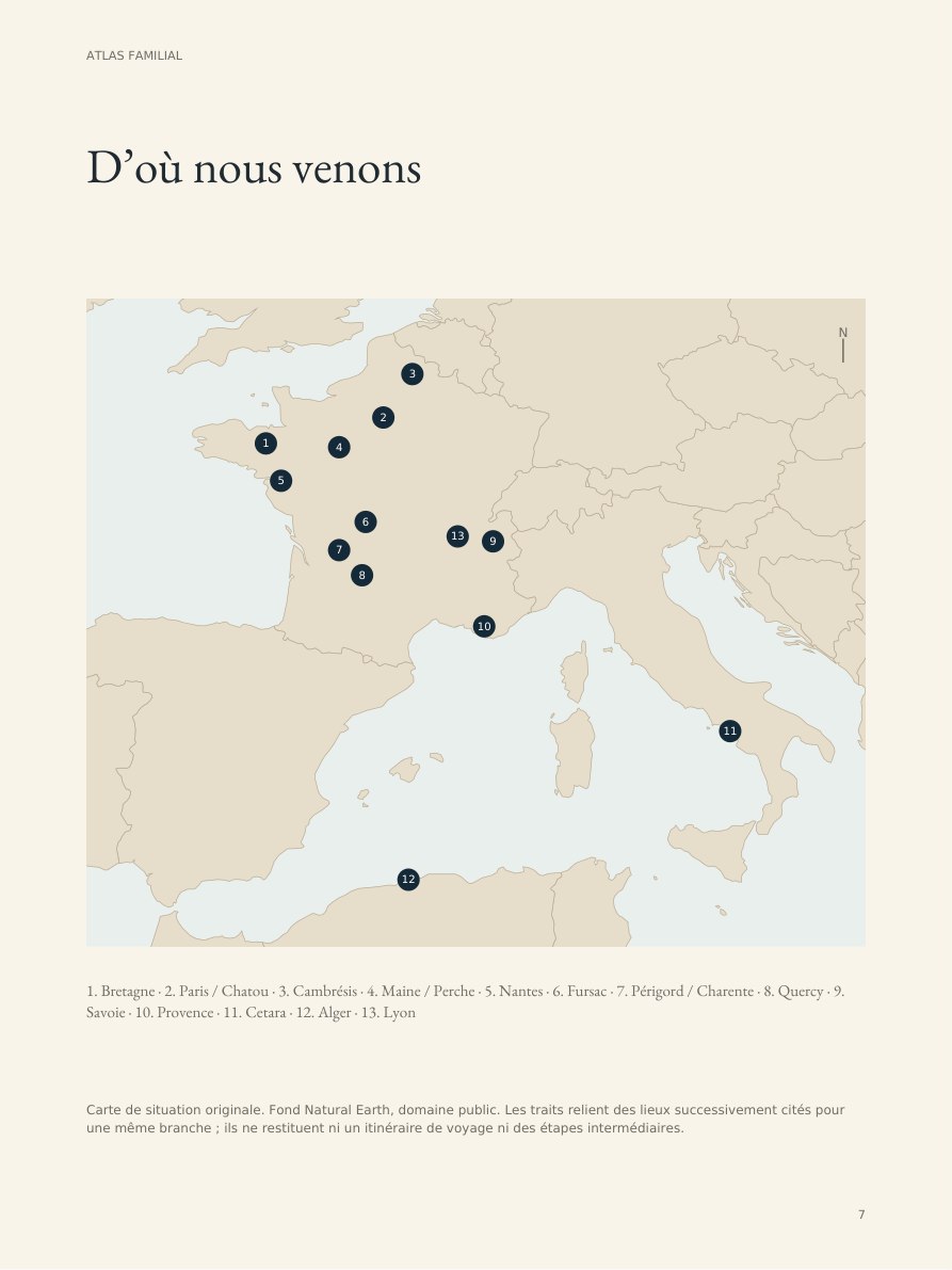 Carte des foyers familiaux, de la France à la Campanie et à Alger